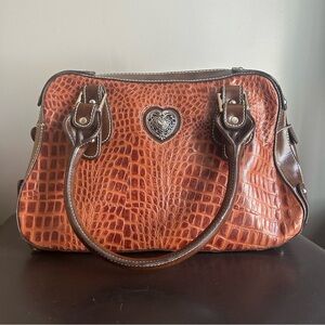 Brown Faux Leather Shoulder Bag with Metal Heart Embellishment